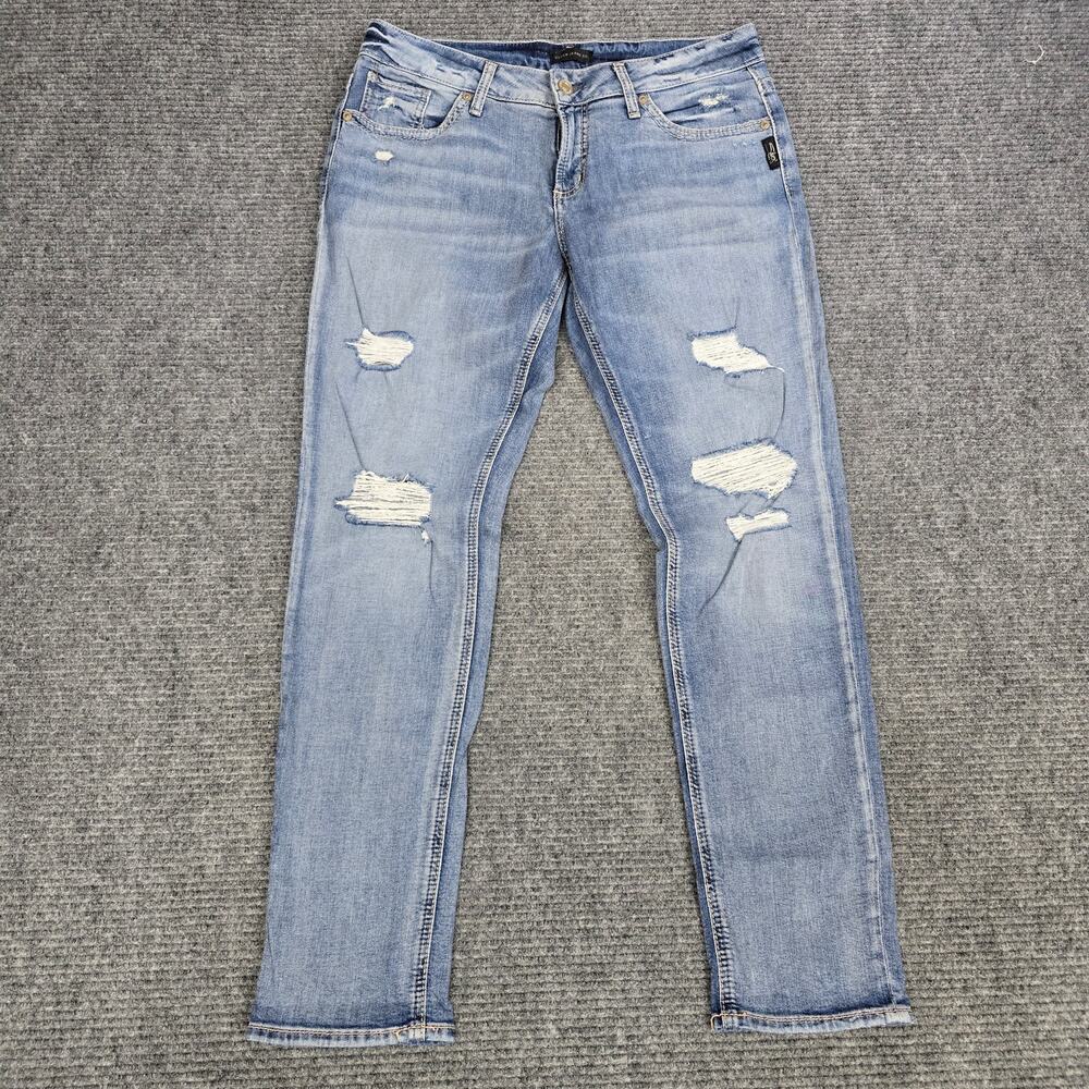 Silver Jeans Co Boyfriend Jeans Womens 29x27 Blue Distressed Stretch
